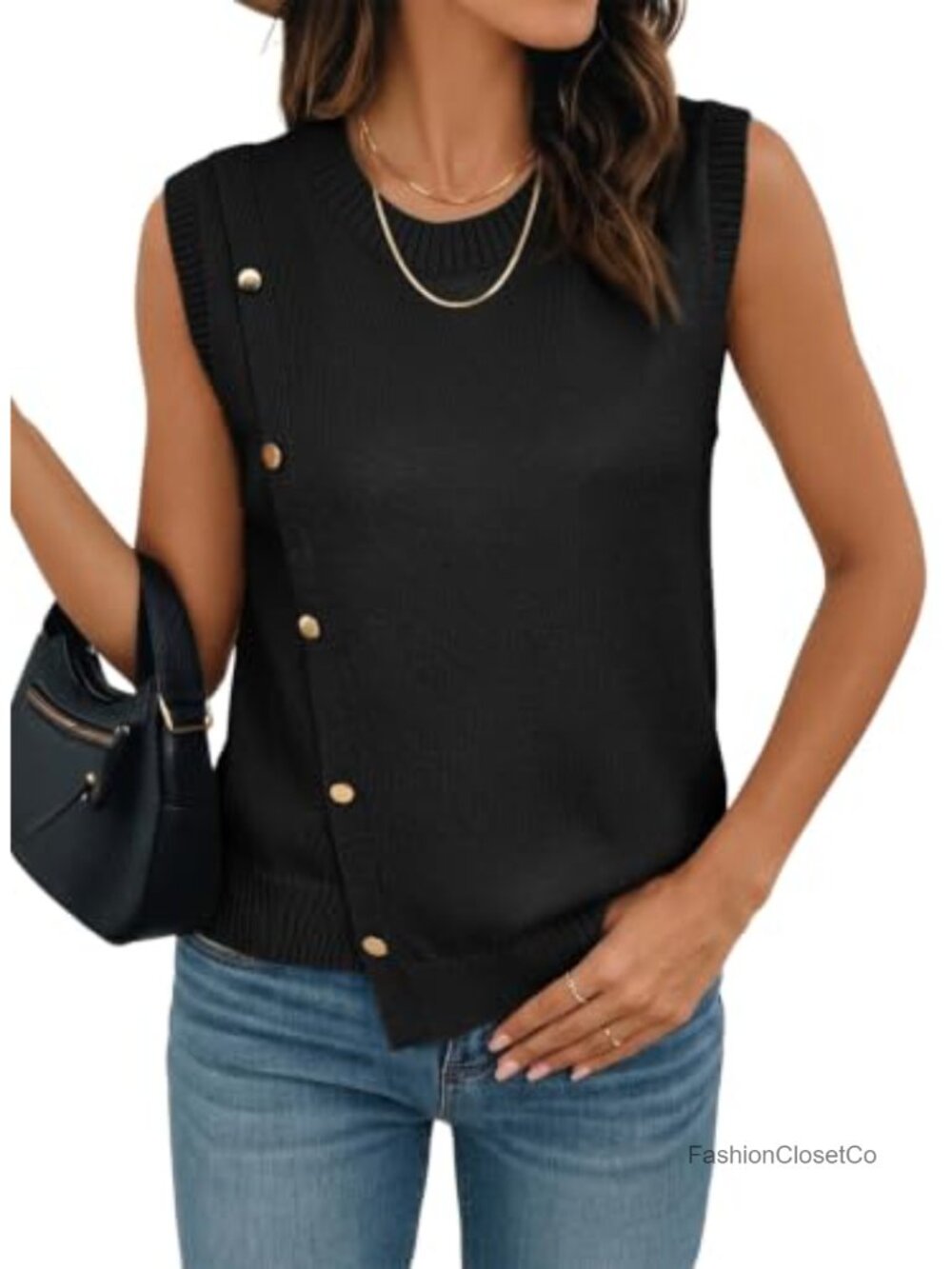 Women's Sleeveless Knit Sweater Vest with Gold Button Detail